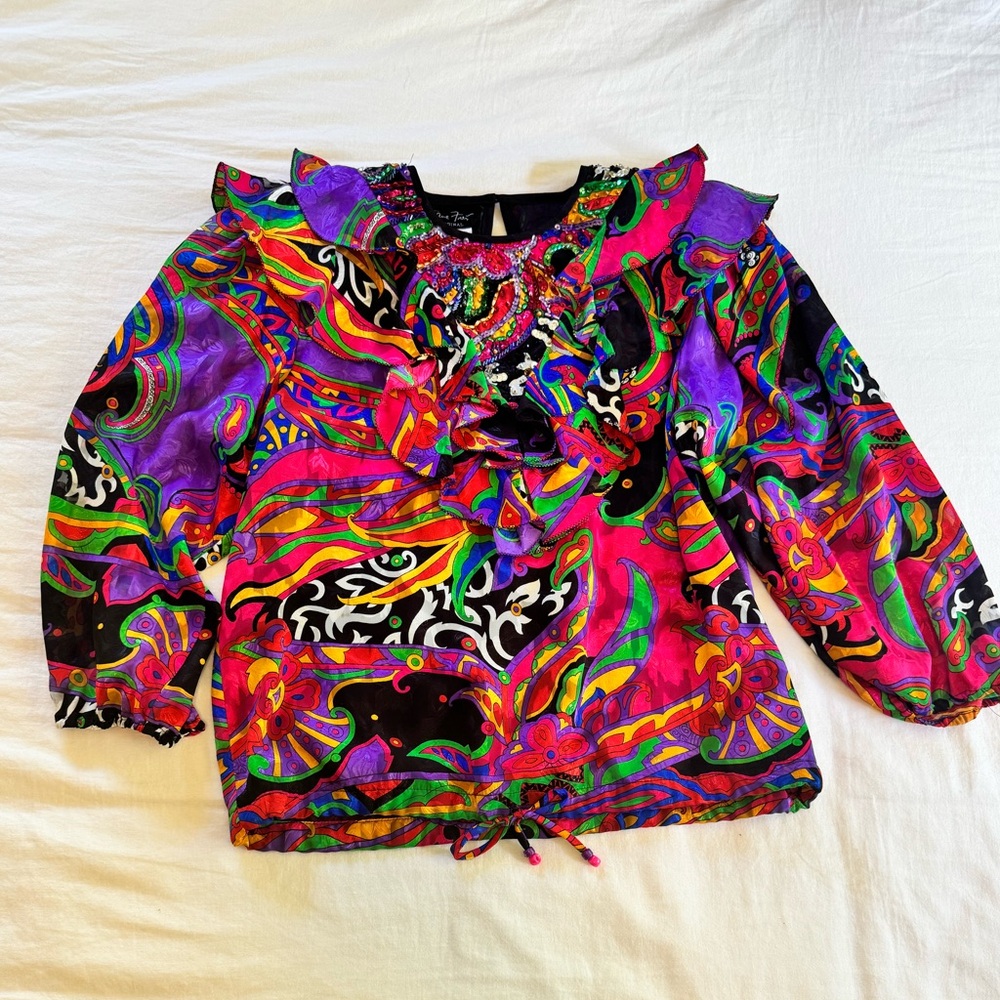 Vintage 80’s Vibrant Beaded Ruffle Blouse